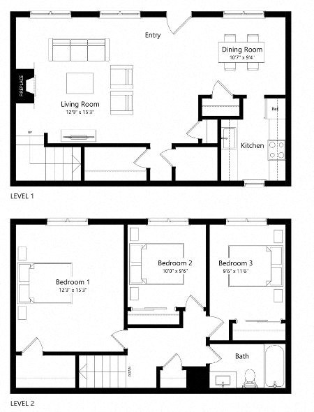 Floor plan for 3 beds, 1.5 baths, 1313 sqft
